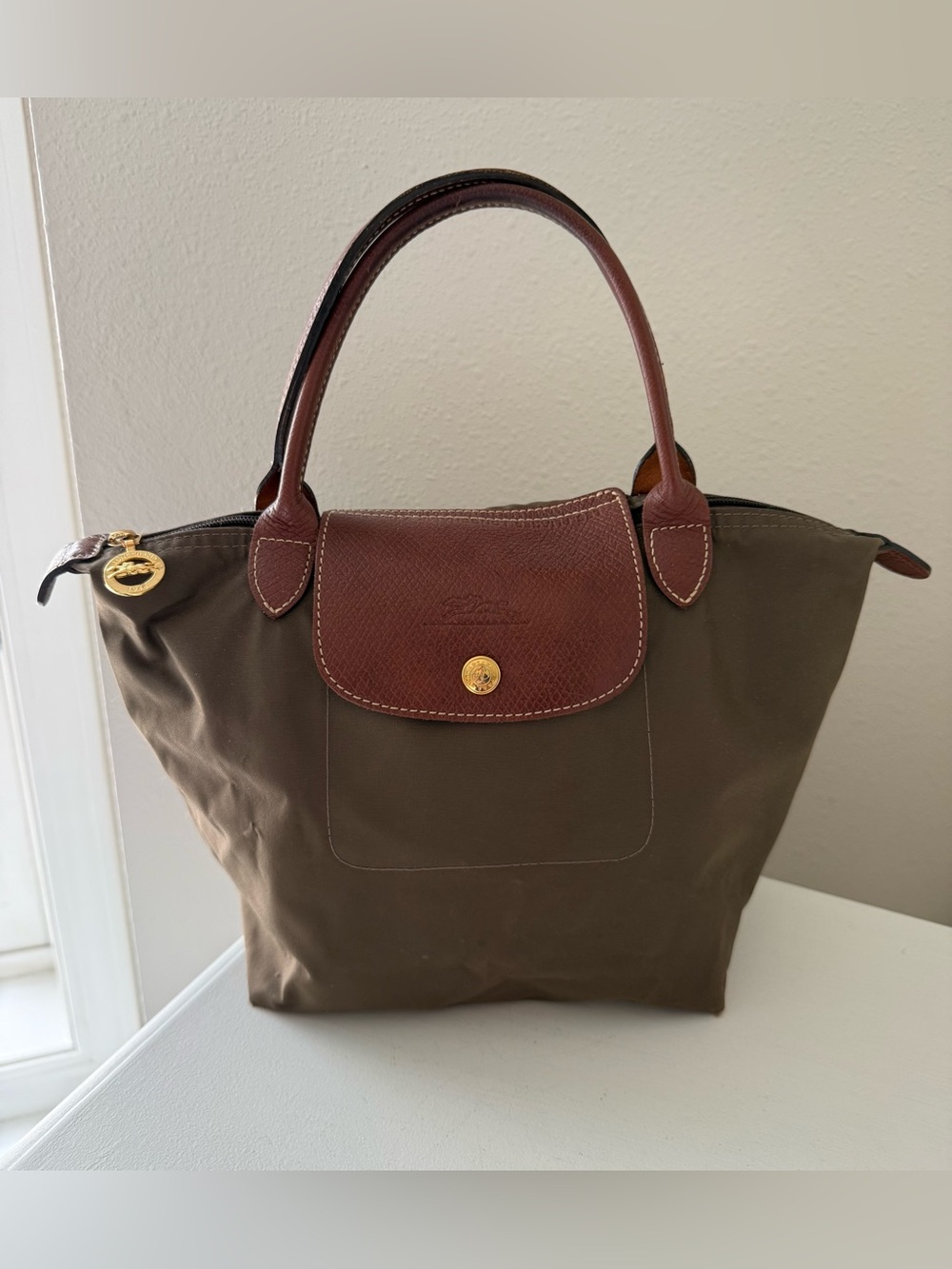 Longchamp Le Pliage | Small Mini Tote Bag Olive Green Nylon Brown Leather Trim